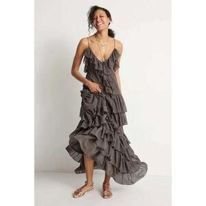 Ronny Kobo Womens Tiered Ruffle Maxi Dress Grey Olive XS Spaghetti Strap Chiffon